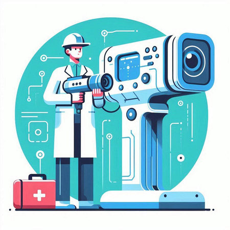 Doctor with medical equipment. Vector illustration in flat style. Medicine and healthcare concept.のイラスト素材