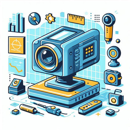 Vector illustration of a video camera with different tools on a white background.のイラスト素材