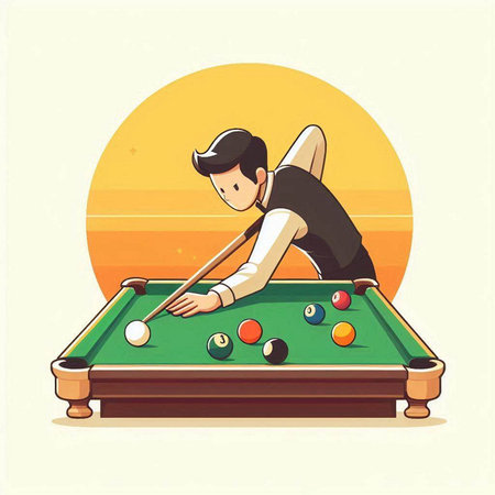 young man playing billiards on the sunset background, vector illustrationのイラスト素材