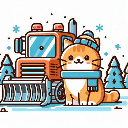 Cute cat with snowplow in winter clothes. Vector illustration.のイラスト素材