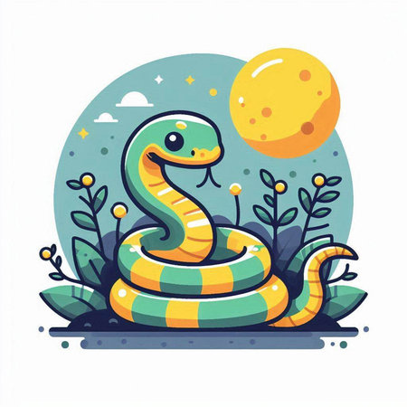 Cute snake on the background of the moon. Vector illustration.のイラスト素材
