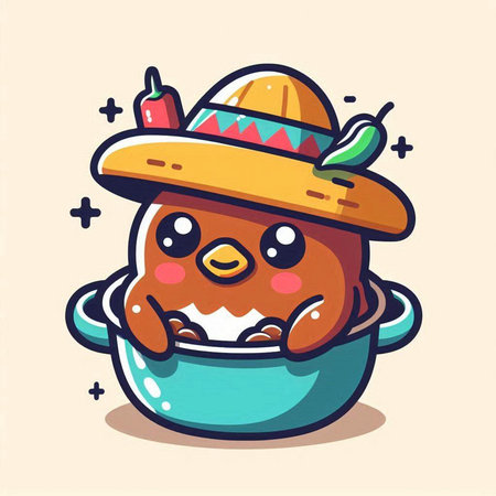 Cute cartoon chicken in a sombrero. Vector illustration.のイラスト素材