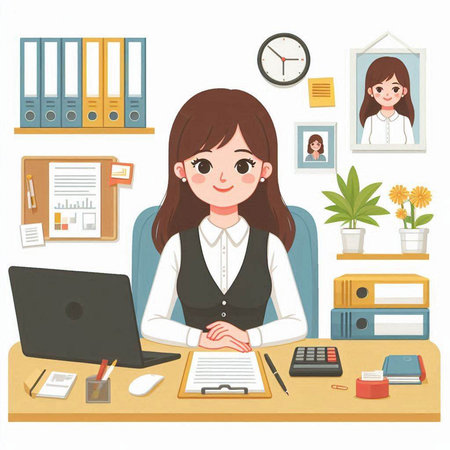 Business woman in office. Vector illustration of a businesswoman at work.のイラスト素材