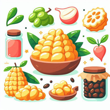 Cocoa beans, fruits and berries icons set. Vector illustrationのイラスト素材
