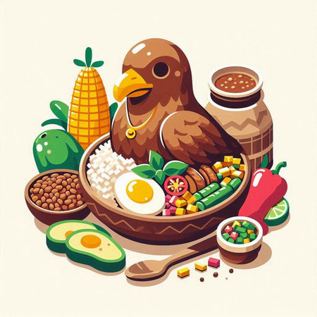 Illustration of healthy food with bird and vegetables. Vector illustration.のイラスト素材
