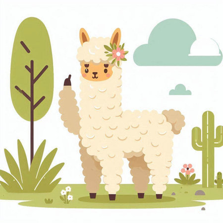 Cute llama in the desert. Vector illustration in flat styleのイラスト素材