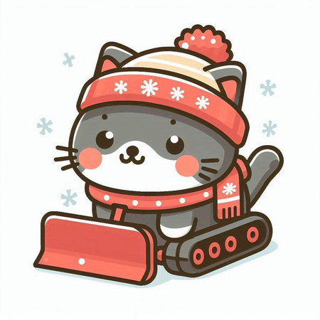 Cute cat in winter clothes with snow shovel. Vector illustration.のイラスト素材
