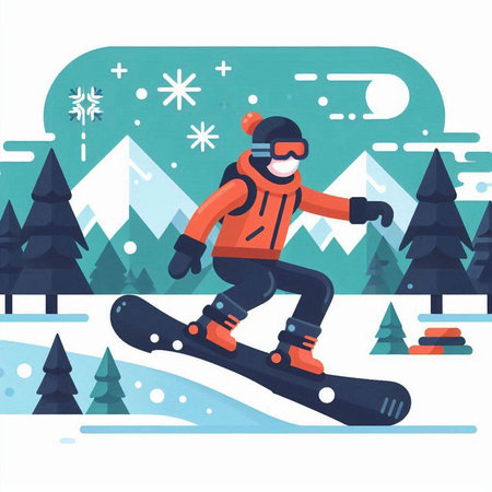 Snowboarder in winter landscape. Vector illustration in flat style.のイラスト素材
