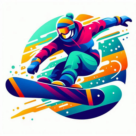 Snowboarder jumping on a colorful background. Vector illustration for your designのイラスト素材