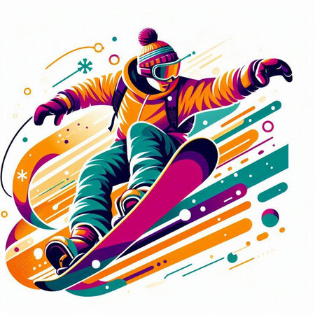 Vector illustration of a snowboarder jumping with a colorful background.のイラスト素材