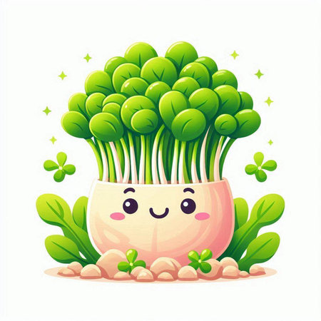 Cute cartoon green sprouts in pot. Vector illustration isolated on white background.のイラスト素材
