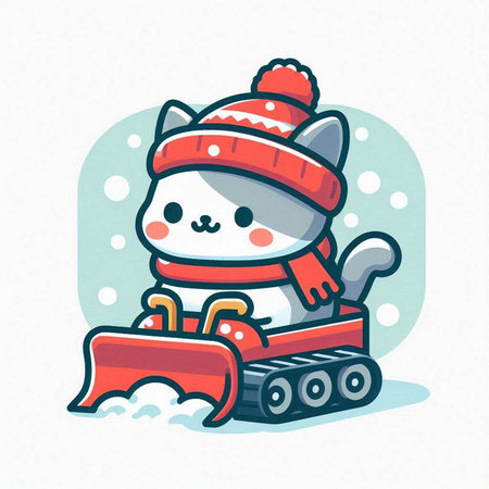 Cute cat with snow plow. Vector illustration in cartoon style.のイラスト素材