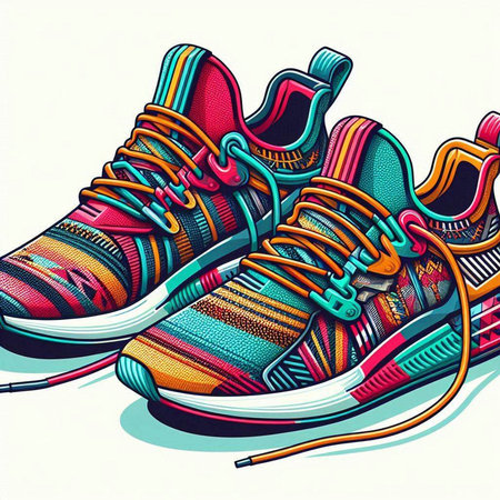 Sneakers with colorful shoelaces. Vector color illustration.のイラスト素材