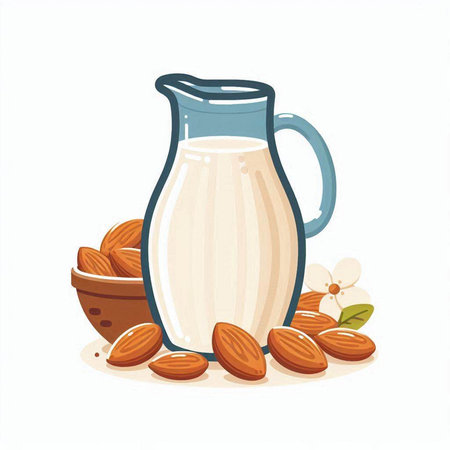 Almond milk in a glass jug and almonds. Vector illustration.のイラスト素材