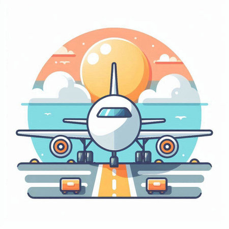 Airplane on the runway. Vector illustration in flat design style.のイラスト素材