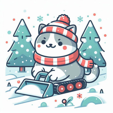 Cute cat in winter hat and scarf with snowman. Vector illustration.のイラスト素材