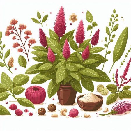 Celosia argentea. Vector illustration of a plant with leaves and seeds.のイラスト素材