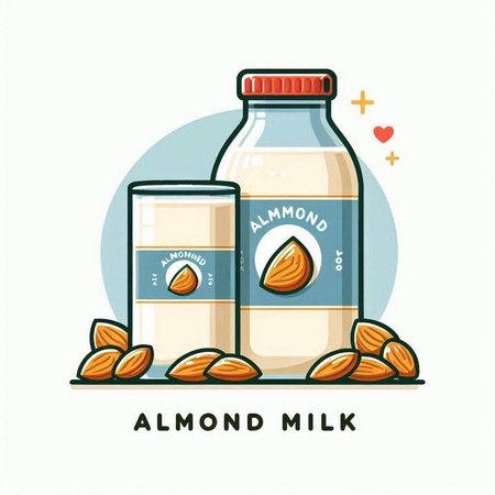 Almond milk vector illustration. Almond milk in a glass bottle with nuts.のイラスト素材