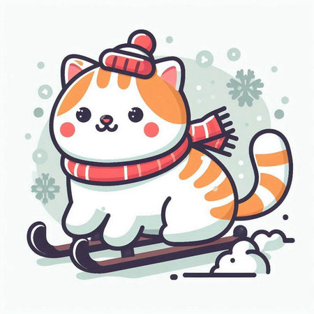 Cute cat in winter clothes on a sled. Vector illustration.のイラスト素材