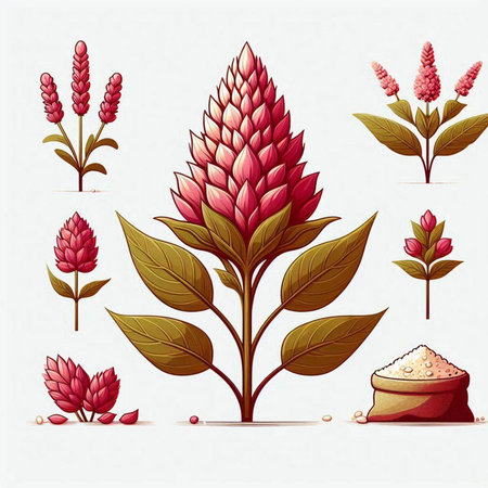 Illustration of red flower with leaves and seeds on a white backgroundのイラスト素材