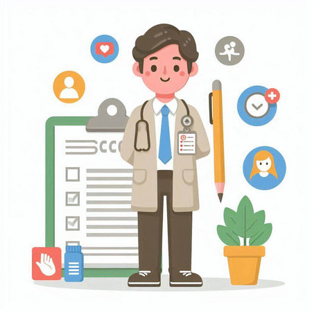 Doctor with medical icons set. Vector illustration in a flat style.のイラスト素材