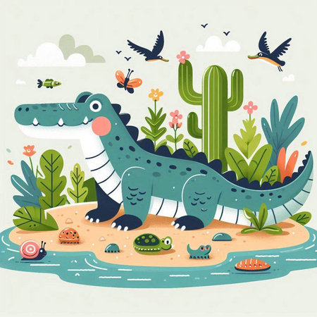 Cute crocodile and cactus in the jungle. Vector illustration.のイラスト素材