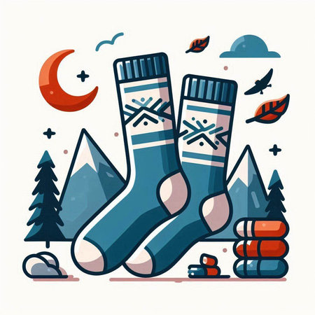 Vector illustration of socks in the mountains. Flat style. Winter vacation concept.のイラスト素材