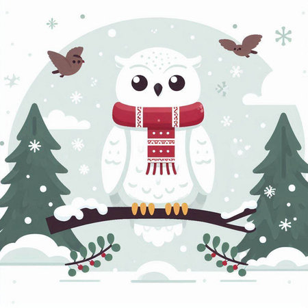 Christmas card with white owl in the winter forest. Vector illustration.のイラスト素材