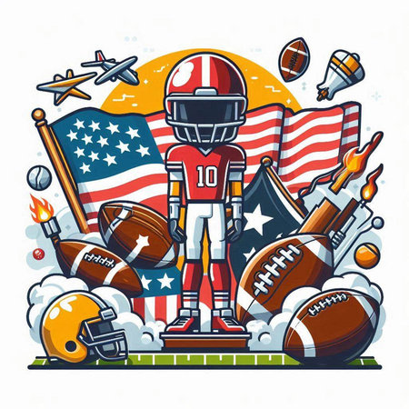 American football player on the background of the American flag. Vector illustrationのイラスト素材