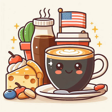 Coffee cup with american flag and food. Vector illustration.のイラスト素材