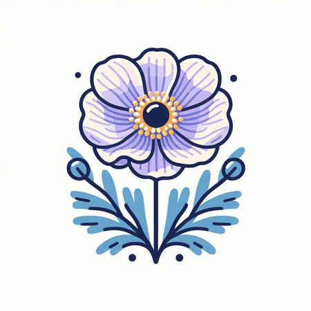 Hand drawn vector illustration with blue anemone flower. Isolated on white background.のイラスト素材