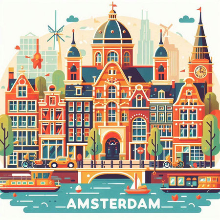 Amsterdam, Netherlands. Colorful vector illustration in flat style.のイラスト素材