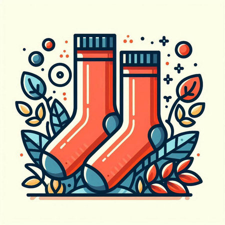Vector illustration of red socks with leaves and circles in flat style.のイラスト素材