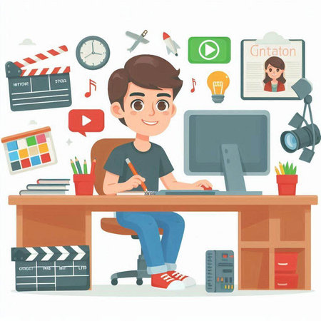 Teenage boy sitting at the desk in front of the computer. Vector illustration in cartoon style.のイラスト素材