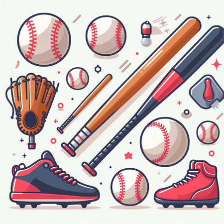 Baseball sport equipment and equipment. Vector illustration in flat style.のイラスト素材