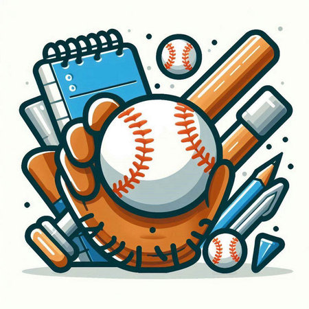 Baseball and baseball equipment. Baseball ball, bat, ball, bat, ball, bat, ball, pencil. Vector illustrationのイラスト素材