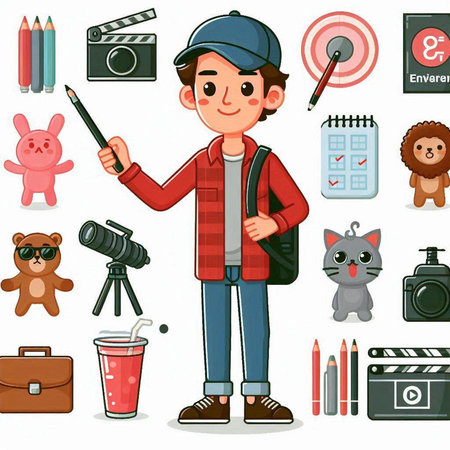 Vector illustration of a boy in a cap with a camera and a set of icons.のイラスト素材