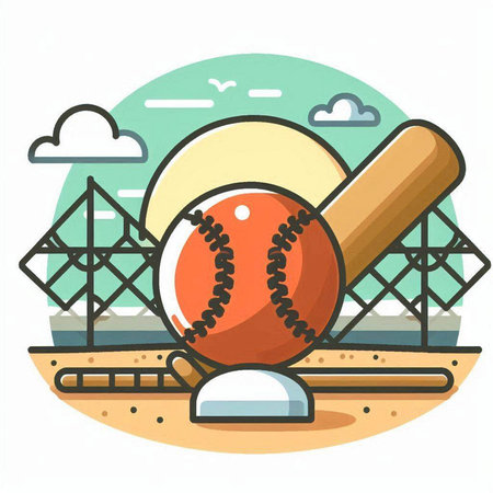Baseball ball and bat on the background of the stadium. Vector illustrationのイラスト素材
