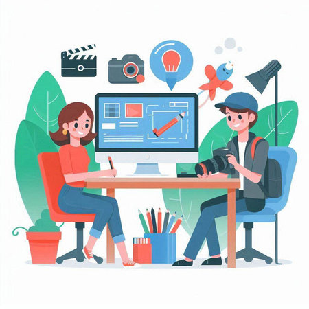 Photographer or videographer working at home. Vector illustration in flat styleのイラスト素材