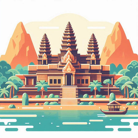 Thai temple on the bank of the river, vector illustration.のイラスト素材