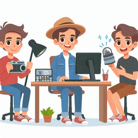 Vector illustration of a group of young people sitting at the table with gadgets.のイラスト素材