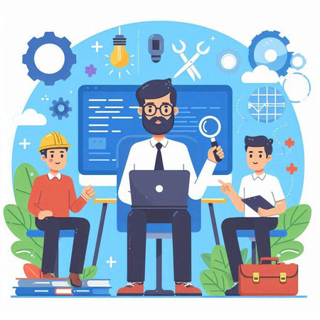 Teamwork concept vector illustration in flat design. Businessman and businesswoman sitting at table with laptop and magnifying glass. Teamwork, brainstorming.のイラスト素材