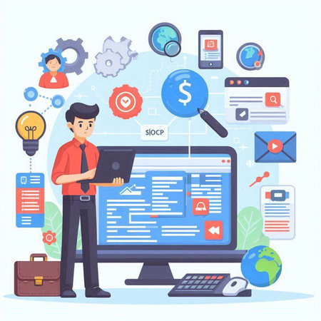 Search engine optimization concept. Vector illustration in flat cartoon style. Man working on laptop, searching for information on internet.のイラスト素材