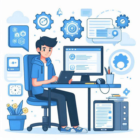 Man working on computer in office. Flat design style vector illustration.のイラスト素材
