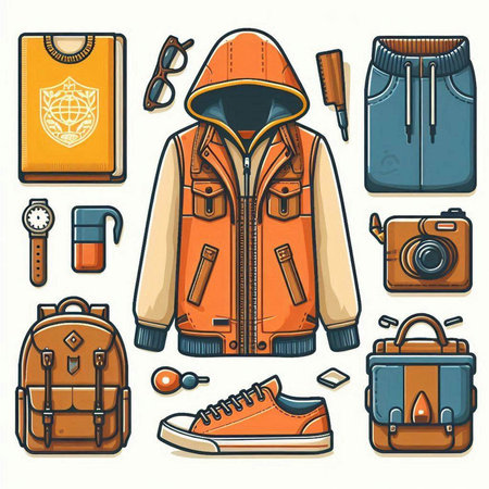 Set of camping equipment and accessories in cartoon style. Vector illustration.のイラスト素材