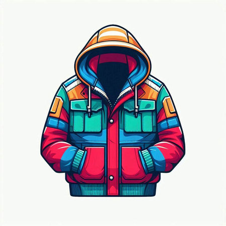 Colorful winter jacket with hood isolated on white background. Vector illustration.のイラスト素材
