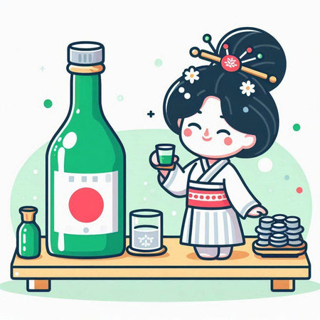Illustration of a Japanese Girl Celebrating New Year with a Bottle of Wineのイラスト素材