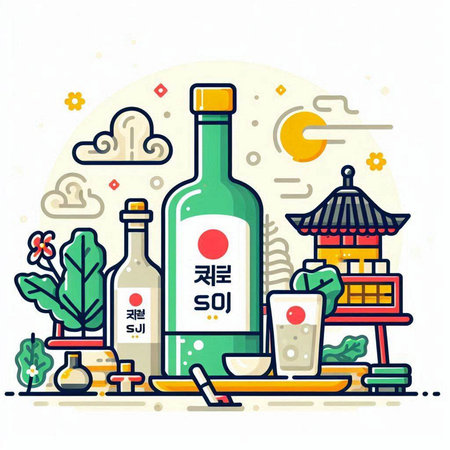 Japanese food and drink vector illustration. Flat line art style design for web, site, advertising, banner, poster, board and print.のイラスト素材