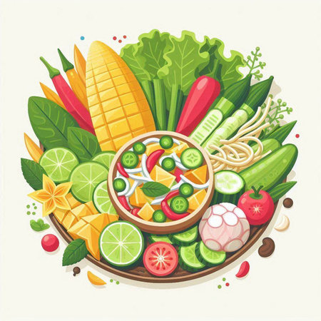Vegetable soup with tofu, cucumber, tomato, pepper, corn, onion, carrot, tomato, cucumber, lemon, celery, parsley. Healthy food. Vector illustration.のイラスト素材