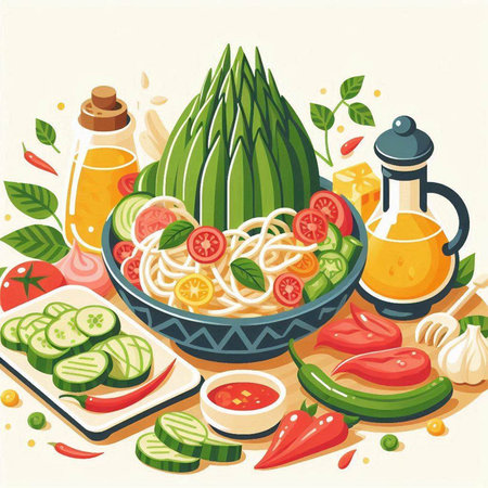Vegetarian food. Vector illustration of a bowl of spaghetti with vegetablesのイラスト素材